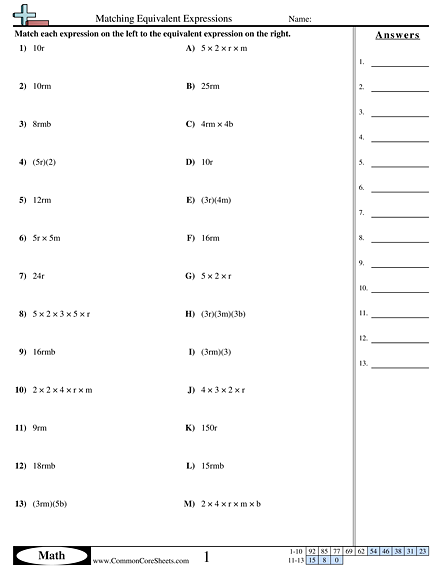 6.ee.4 Worksheets - Matching Equivalent Expressions worksheet
